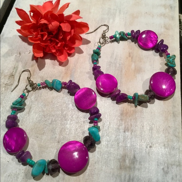 My Style Jewelry - MY STYLE Purple Bead Turquoise Chip Dangle Earring